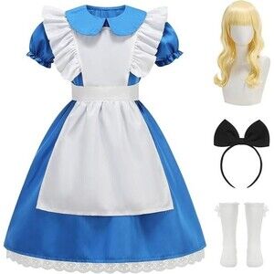 Kids Princess Costume Blue Dress Puff Sleeve Maid Costume Fancy Dress Size 4T-5T